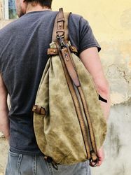 sling backpack leather canvas backpack sling bag women bag men bag crossbody bag