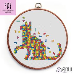 cat cross stitch pattern pdf , tetris cross stitch , antistress ornament hoop art , animal silhouette cross stitch