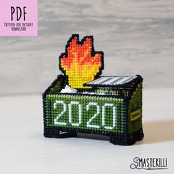 3d dumpster fire cross stitch pattern pdf, plastic canvas pattern, burning trash cross stitch, plastic canvas box design