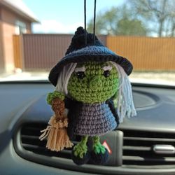 crochet car hanging witch, halloween car accessories, rear view mirror decor witch, halloween gift for women