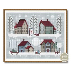 cross stitch pattern sampler winter village embroidery digital pdf file instant download 206