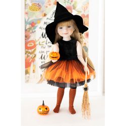 witch costume for doll ruby red fashion friends doll 14.5", rrff doll halloween outfit, orange & black set doll clothes