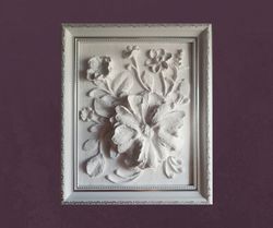 plaster wall art botanical sculpture framed wall art relief 3d art frame white bas-relief 3d flower decor ready to hang