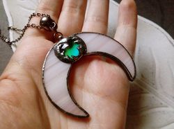 stained glass moon, mood stone crescent, moon phase necklace, stainglass crescent, full moon