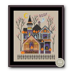 cross stitch sampler halloween haunted house. pumpkins scary halloween modern template pdf file 201