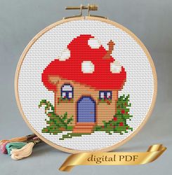 cute mushroom house pattern cross stitch, easy embroidery diy