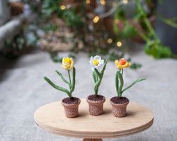 miniature daffodil in a pot, mini plant narcissus for dollhouse, cute desk decor, collectible fairy garden tiny flower