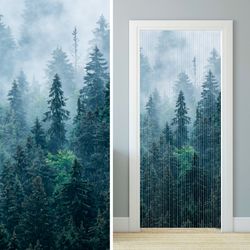 doorway curtain forest, mountains and trees landscape, fly string curtains, plants blue green floral print