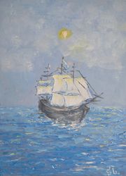 sailboat oil painting white sailboat original art wall art sky seascape morning calm, 8x6 inch