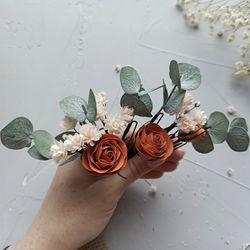 sage green wedding eucalyptus terracotta hair pins fall flower rose hair clip babys breath headpiece bridal hair piece