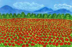 meadow with red poppies 1 watercolor painting