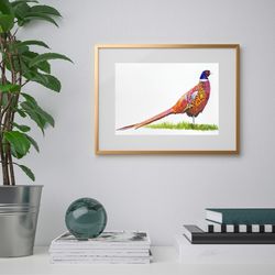 digital file,blue-bellied pheasant , bird print,original watercolor wall print