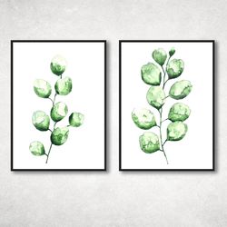 green leaves print set of 2 watercolor leaves print, botanical plant wall art, watercolor painting poster