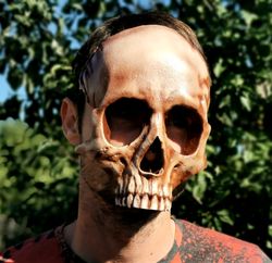 human skull mask full face with realistic teeth, handmade sfx, ivory, ritual skull mask, monster mask, cosplay mask