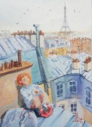 angel painting paris original art watercolor artwork 8" by 12" by artmadeira