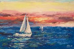 sunset sky art original acrylic painting boat painting seascape sailing painting