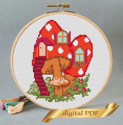 mushroom house pattern cross stitch, easy embroidery diy