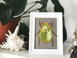 golden scarab beetle cross stitch pattern pdf, realistic bug embroidery pattern, diy insect wall decor, instant download