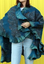 wool poncho blue cape, felt womens poncho. made in the technique nunofelting. light and warm  clothes unique design