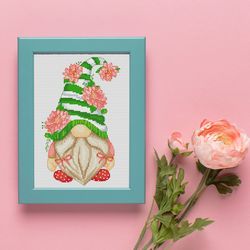 gnome with peonies, cross stitch pattern, gnome cross stitch, counted cross stitch, floral cross stitch