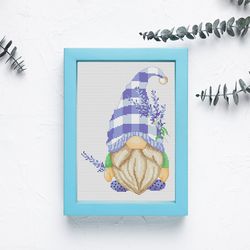 lavender gnome, cross stitch, cross stitch pattern, gnome cross stitch, cute cross stitch, modern cross stitch