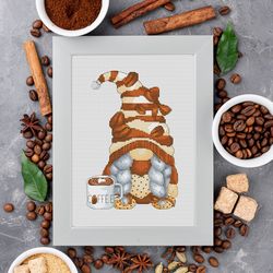 coffee girl, cross stitch, cross stitch pattern, gnome cross stitch, coffee cross stitch, modern cross stitch