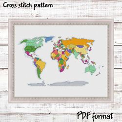 world map wall art, world map cross stitch pattern pdf, modern cross stitch pattern, easy cross stitch design