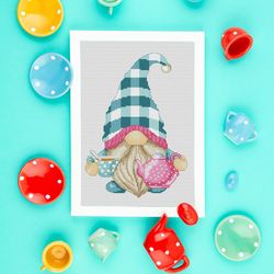 tea gnome, cross stitch, cross stitch pattern, gnome cross stitch, garden cross stitch, spring cross stitch, girl cross