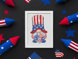 patriotic gnome, independence day, cross stitch pattern, counted cross stitch