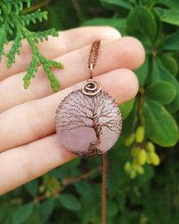 wire wrapped rose quartz tree of life pendant, 7 year anniversary gift for wife, copper wedding anniversary gift for her