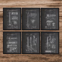 fender & gibson patents set of 6,music room wall art,guitars patent print,guitar poster,musician guitarist teacher gift