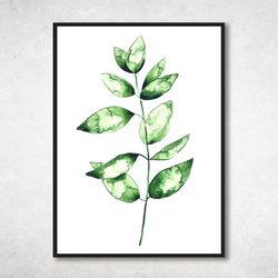 botanical posters, watercolor green leaves, modern wall decor art, green plant paintings, minimalist botanic painting