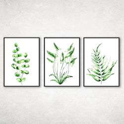 green leaves print set of 3 watercolor leaves print, plant home decoration wall art, watercolor painting printable