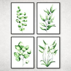 set of 4 botanical print set, plant posters, greenery prints, leaf prints, foliage prints, living room decor