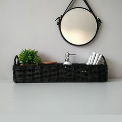 black wicker basket. extra long basket for shelf. long narrow box. rectangular basket. wicker hamper. bathroom organizer