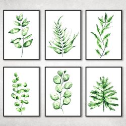 set of 6 botanical print set, plant posters, greenery prints, leaf prints, foliage prints, living room decor