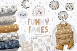 baby animal faces clipart and seamless patterns collection