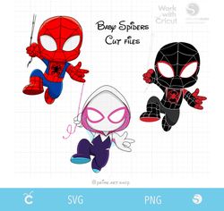 3 baby spidey svg cut file, ghost spider png, black spiderman morales svg, classic spider svg