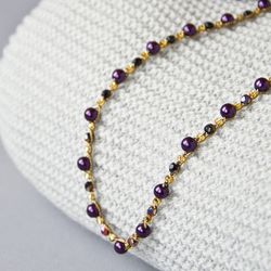 simple purple rosary style crochet necklace, light handmade jewelry with glass beads and seed bead