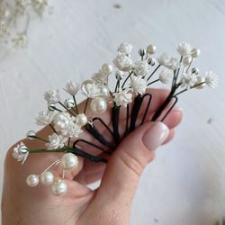 babys breath hair pins, gypsophila flowers pearl hair piece , floral wedding hair pins , bridal headpiece