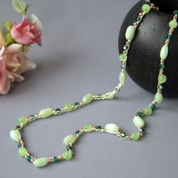 dainty green bead crochet y necklace, summer beach glass beads jewelry for woman