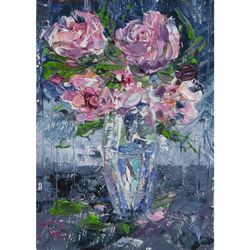 roses original art miniart oil painting on cardboard