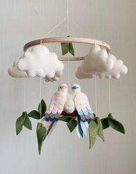 parrot family baby crib mobile, neutral baby decor