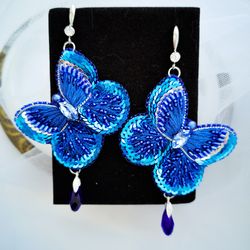 butterfly earrings, blue beaded earrings, insect earrings, statement earrings