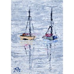 sailboats original art miniart oil painting on cardboard