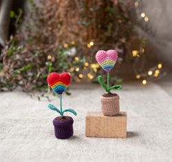 miniature rainbow heart potted, crochet heart flower decoration, cute desk decor, cheer up gift, mini plant fairy garden