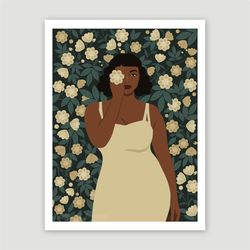 curvy black woman with white roses, printable art, black girl art, african art, green boho poster, melanin art.