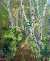 landscape  original  oil  painting of spring birch  forest 8x10 inches, canvas on board