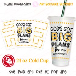 god's got big plans for me jeremiah 29:11 24oz cold cup print tumbler religious quotes christian sayings coffee mug