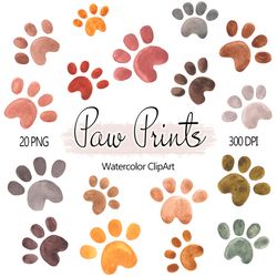 watercolor paw prints clipart, hand painted animals paws, puppy paws 20 png, earth tones cat paws, pawprint clip art